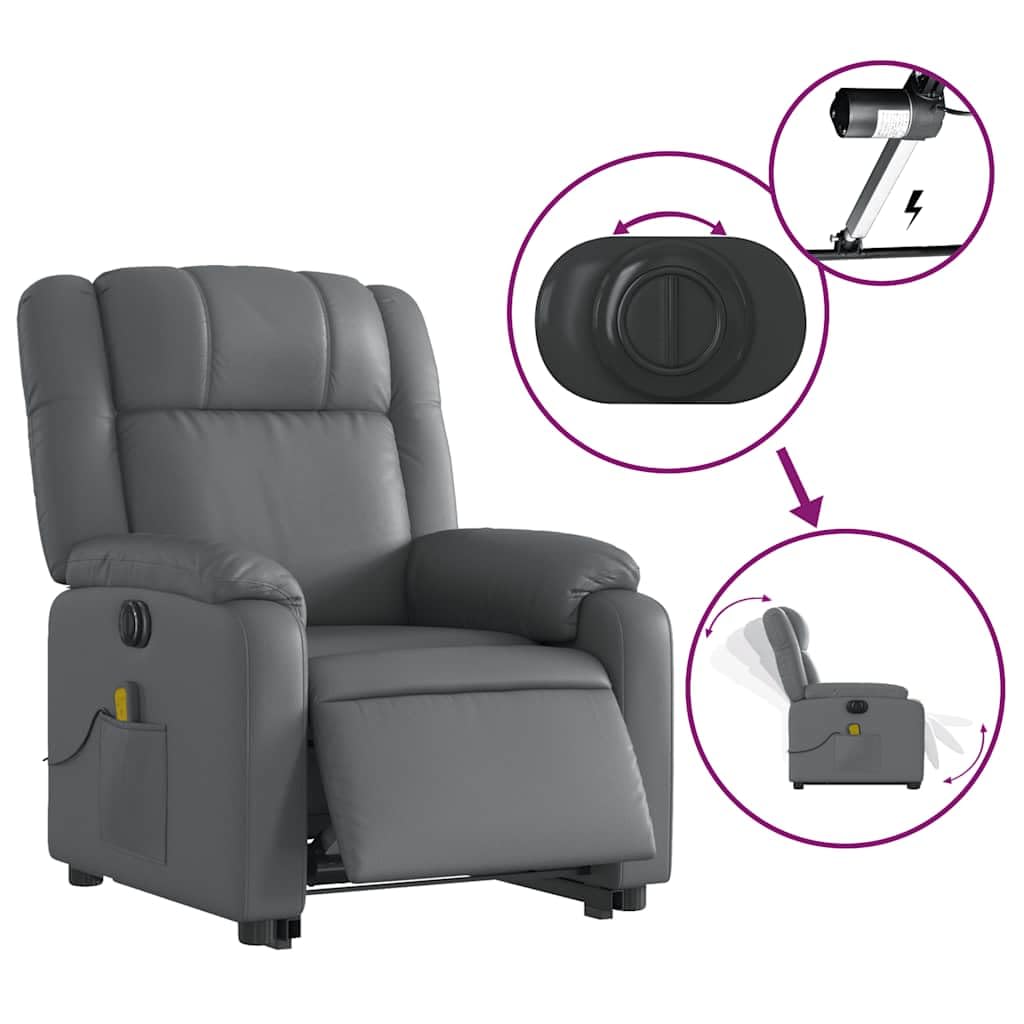 Sillón elevador eléctrico reclinable con masaje por vibración, color gris, de piel sintética, 6 puntos de masaje, función elevación e inclinación de 135 grados, estructura estable