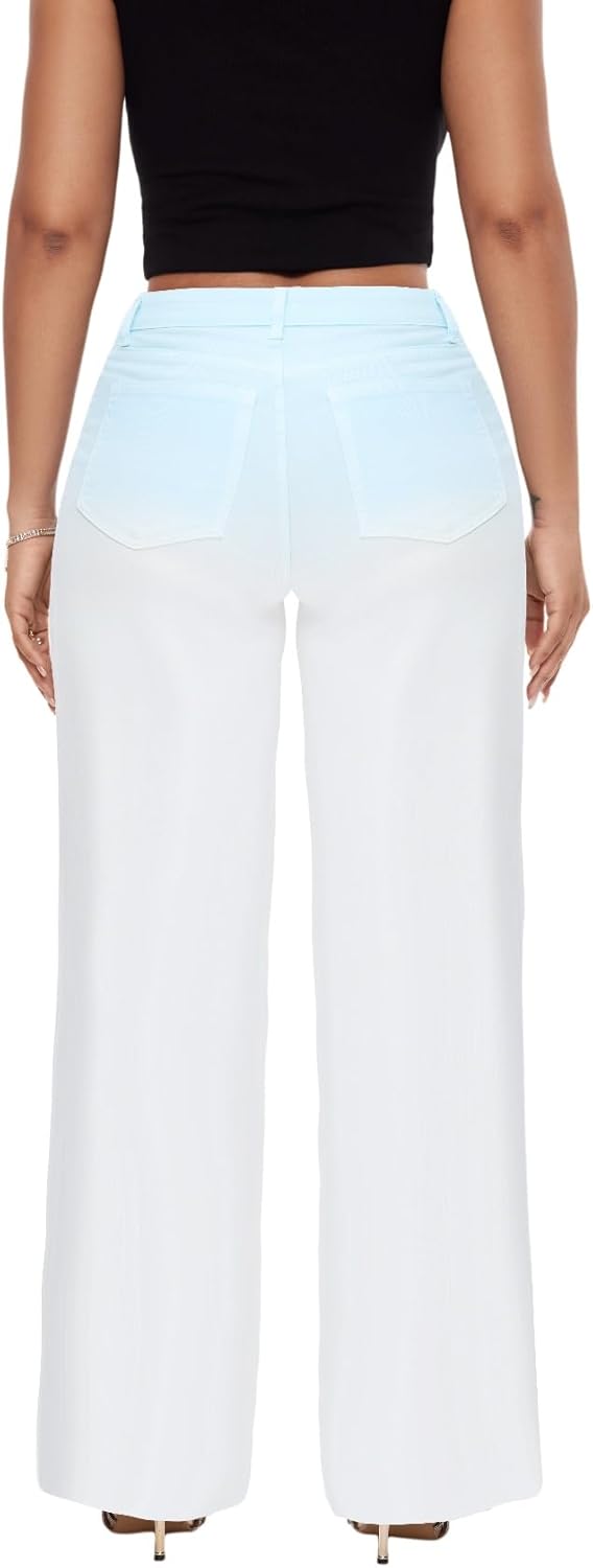 ONESO Mid-Low Rise Baggy Jeans Wide Leg for Women Distressed Pants Stretchy Bottom Lady Basic Comfortable Denim