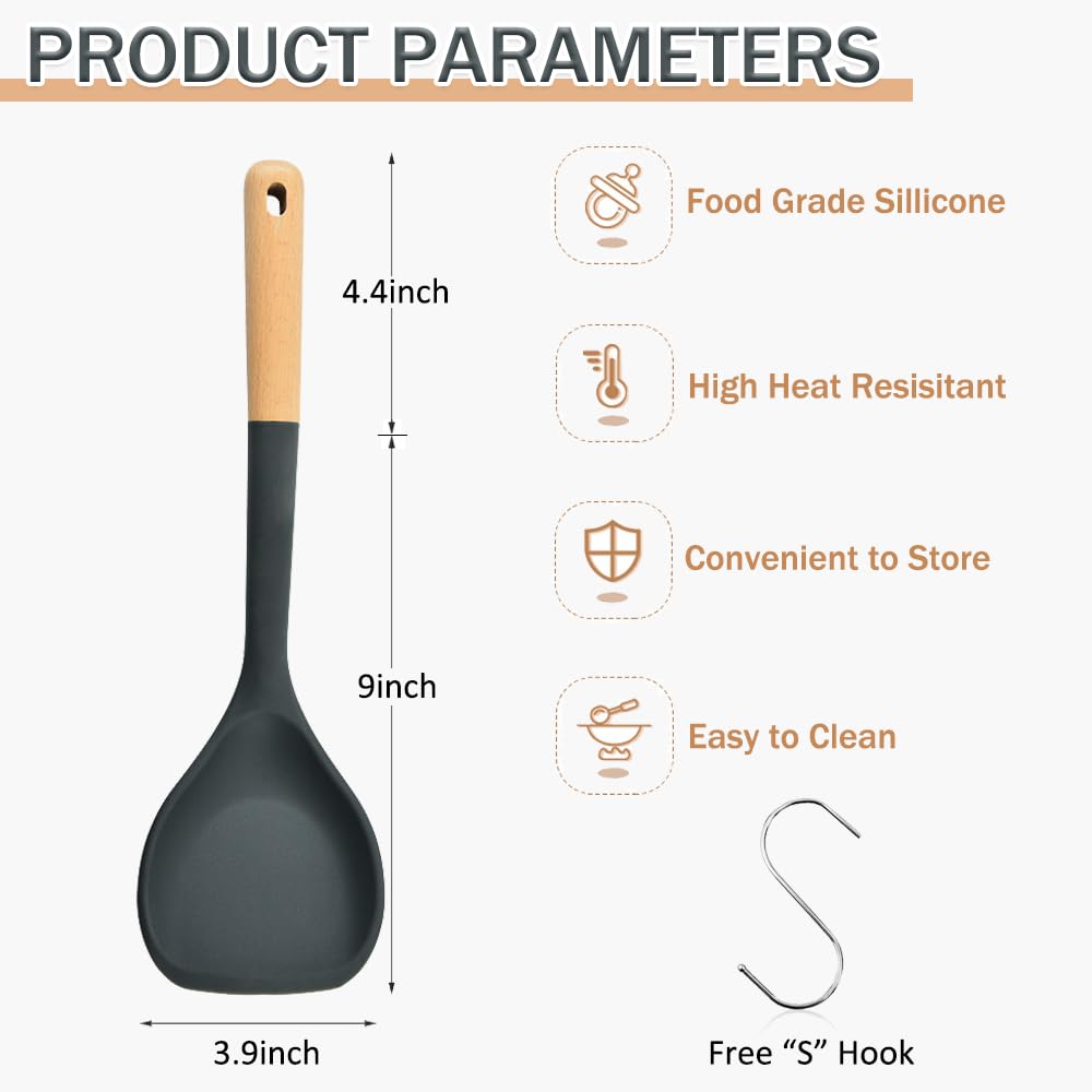 Espátula de wok, espátula de silicona con mango de madera resistente al calor, utensilios de cocina, cuchara para recoger, voltear, agitar, cocinar antiadherente duradero sin BPA, 13.2 pulgadas