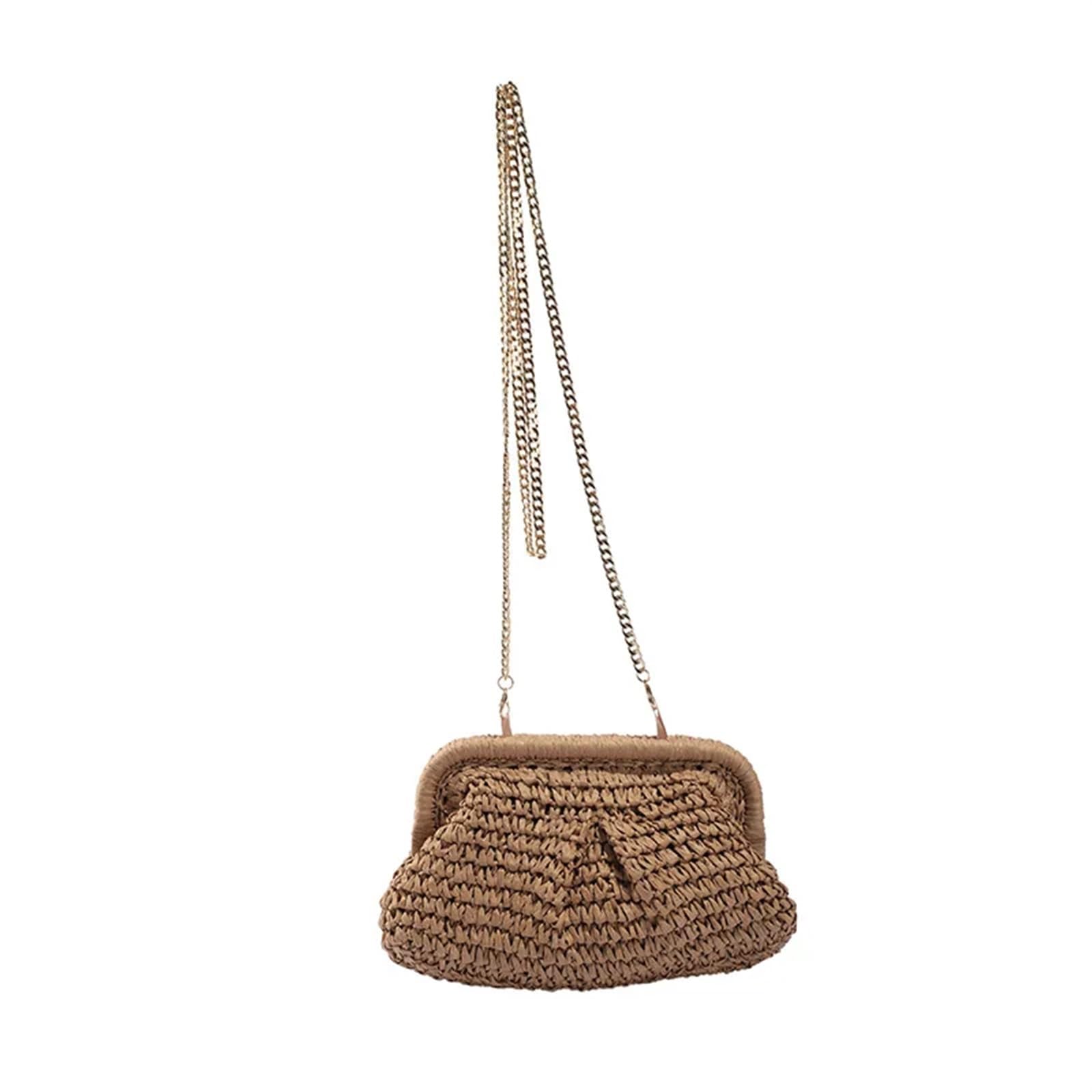 DVMSIEF Straw Bag Women Shoulder Bag Straw Shell Summer Woven Rattan Handbags Chains Clip Crossbody Bags for Beach Pouch(Khaki)