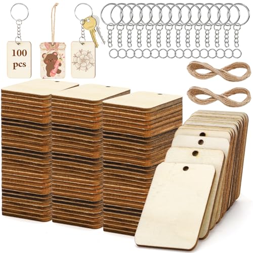 WRINGKIT 100 Pcs Blank Wood Tag 2x1.3 Inch Wooden Keychains with Key Rings Unfinished Wood Pieces for Crafts Rectangle Wooden Cutouts with 32.8ft Jute Rope for DIY Gift Tags Hanging Decorations