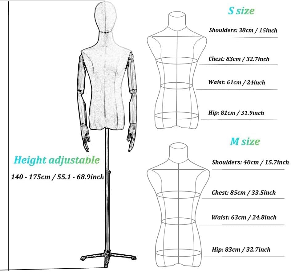 Torso-Mannequin-Ständer, weibliche Schaufensterpuppe, Torso, verstellbare Höhe, Kleiderform, Display mit Metallständer, für T-Shirts, Jacken, Dre (mit Armen, Größe S)