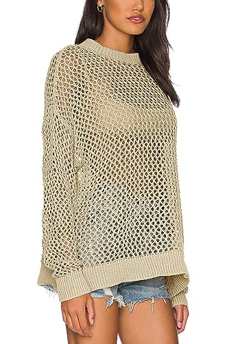 Ebifin Womens Crochet Tops Long Sleeve Beach Summer Sweater Crew Neck Mesh Cover Ups Bikini Swimsuit Tunic Pullover Tops Apricot - image 2