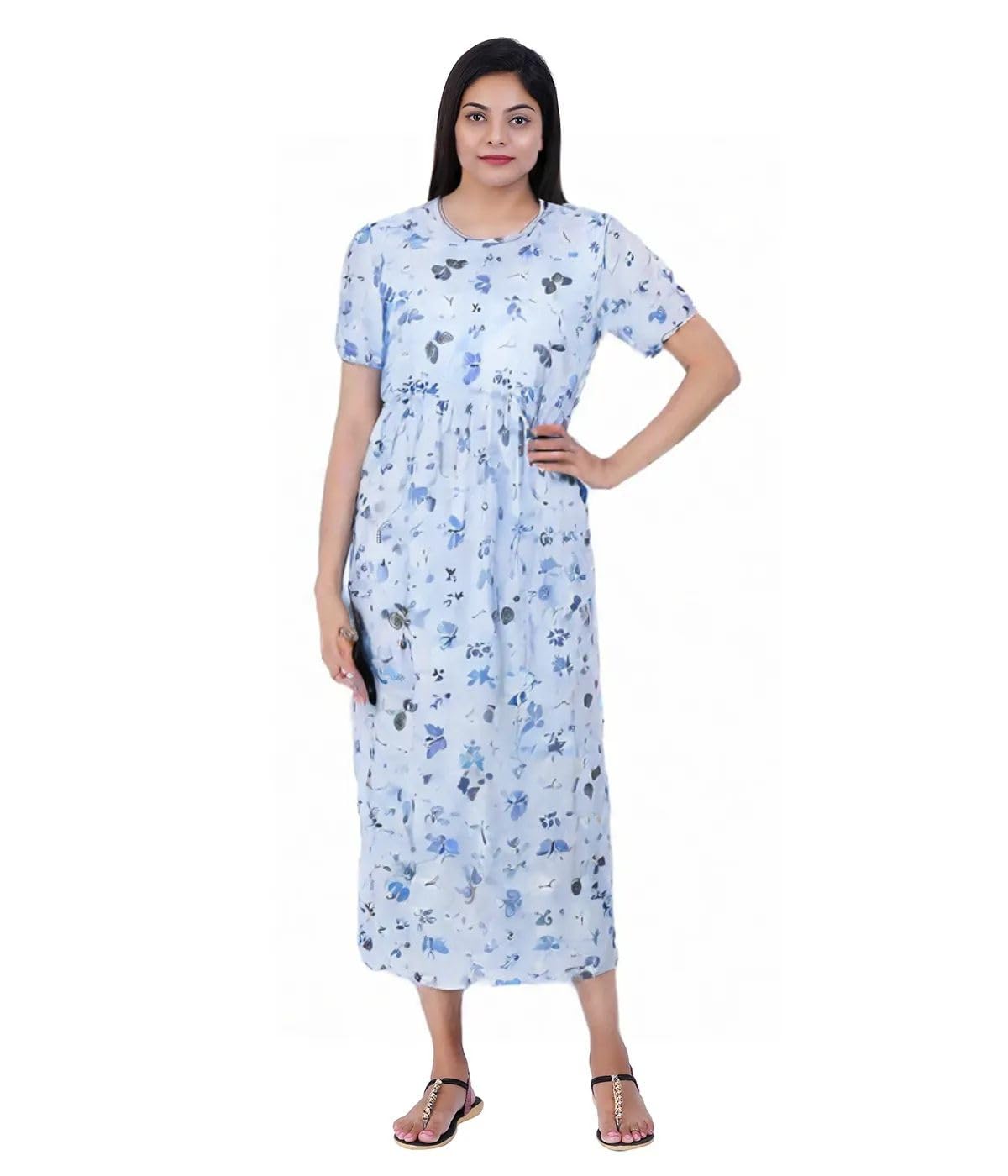 Women's Maternity Feeding Nighty, Light Blue Floral Print, Short Sleeve Maxi Dress with Tie Waist-image-38