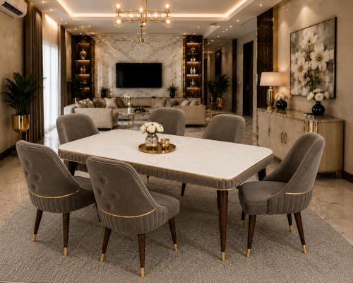 Image of WOODEN SPACE 6-Seater Wooden Dining Table Set | Nano Composite Marble Top | Solid Wood Base | Modern Dining Room Furniture with 6 Chairs (Brown Grand Aura)