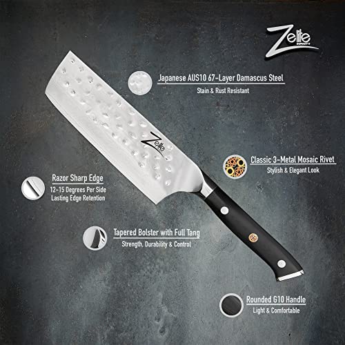 Zelite Infinity Nakiri Chef Knife 6 Inch - Alpha-Royal Series - Japanese Aus-10 Super Steel 67-Layer Damascus - Razor Sharp, Hammered Tsuchime Finish #TOP1