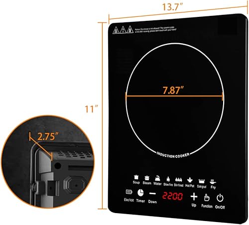 Miniatura 2 de Quemador de inducción portátil, quemador eléctrico de encimera de inducción de 2200 W con panel táctil, 8 programas preestablecidos de cocción,