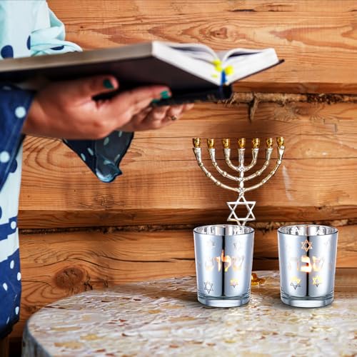 Image of Honeydak Set of 2 Shabbat Tealight Holders Silver Jewish Judaica Gift Set Electroplated Glass Modern Shabbat Decorative Light Holders for Tea Lights Hanukkah Gifts