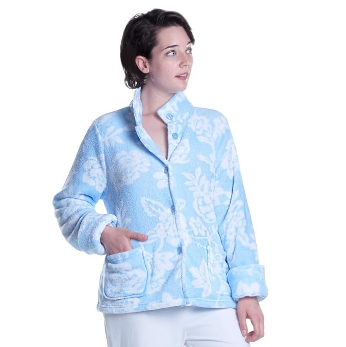 LA CERA Women Floral Microfleece Bed Jacket with Mandarin Collar