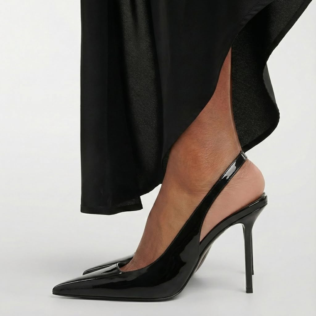 Women's Slingback Stiletto High Heels Pointed Toe Slip On Pumps Shoes Patent Leather Stretch Strap Backless Dress Heels - Image 3