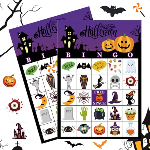 WiseJoy 24 Piezas Juego de Bingo de Halloween, Tarjetas de Bingo de Halloween con fichas, Recuerdo de Fiesta de Halloween, Manualidades para el Aula, Suministros Escolares, Juegos de Mesa