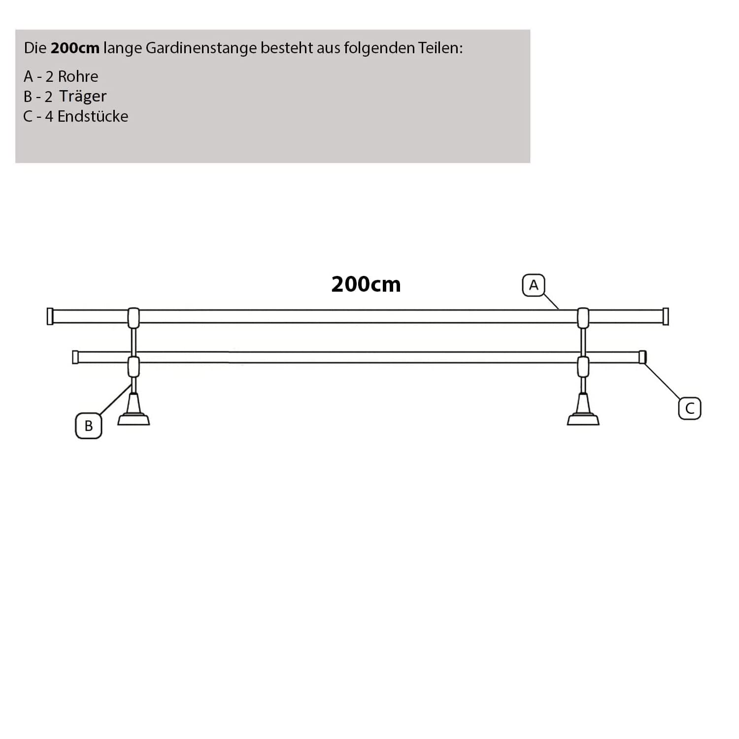 MDEKOR Asta per tende a 2 binari, 200 cm, asta di passaggio, montaggio a soffitto, in acciaio inox, effetto spazzolato