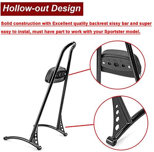 20" Tall Sissy Bar Backrest Pad Glossy Black Triple Polished Compatible With Harley 2004-2023 Sportster Xl 883 1200 Xl Models #TOP4
