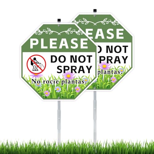 2 Pack 10 x 28 Do Not Spray Signs with Stake Aluminum Garden Metal Signs for Outdoor Lawn Bilingual Plant Sign in English and Spanish