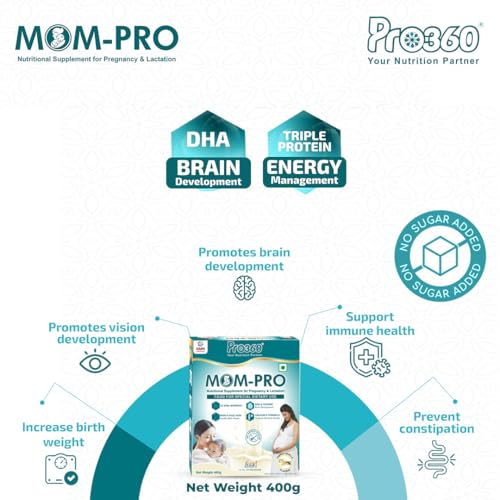 Image of Pro360 MOM-PRO Maternal Nutrition Supplement during Pregnancy for Pregnant & Lactating Women with Protein, DHA, Green Apple, Vitamins, Minerals - French Vanilla Flavor - 400G