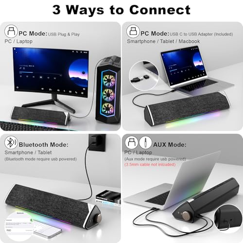 SOULION R60 PC Speakers Bluetooth 5.3 Soundbar for Desktop Computer, Laptop, Gaming, Monitor, with 5 LED Lighting Effects, USB Powered with USB-A to C Adapter, with 3.5mm Aux Jack - Image 6