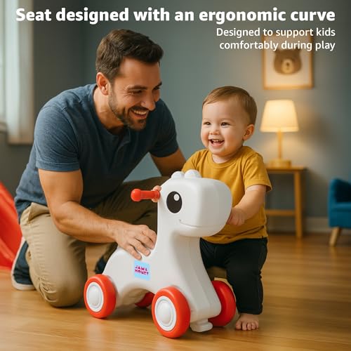 Image of Amazon Brand - Jam & Honey Baby Pony Push On Ride On for Kids | Backrest | Easy Grip | Four Wheel | Durable and Safe | Non-Toxic | Portable | Lightweight | Animal Theme | 1-4 Years Old | Red & Grey