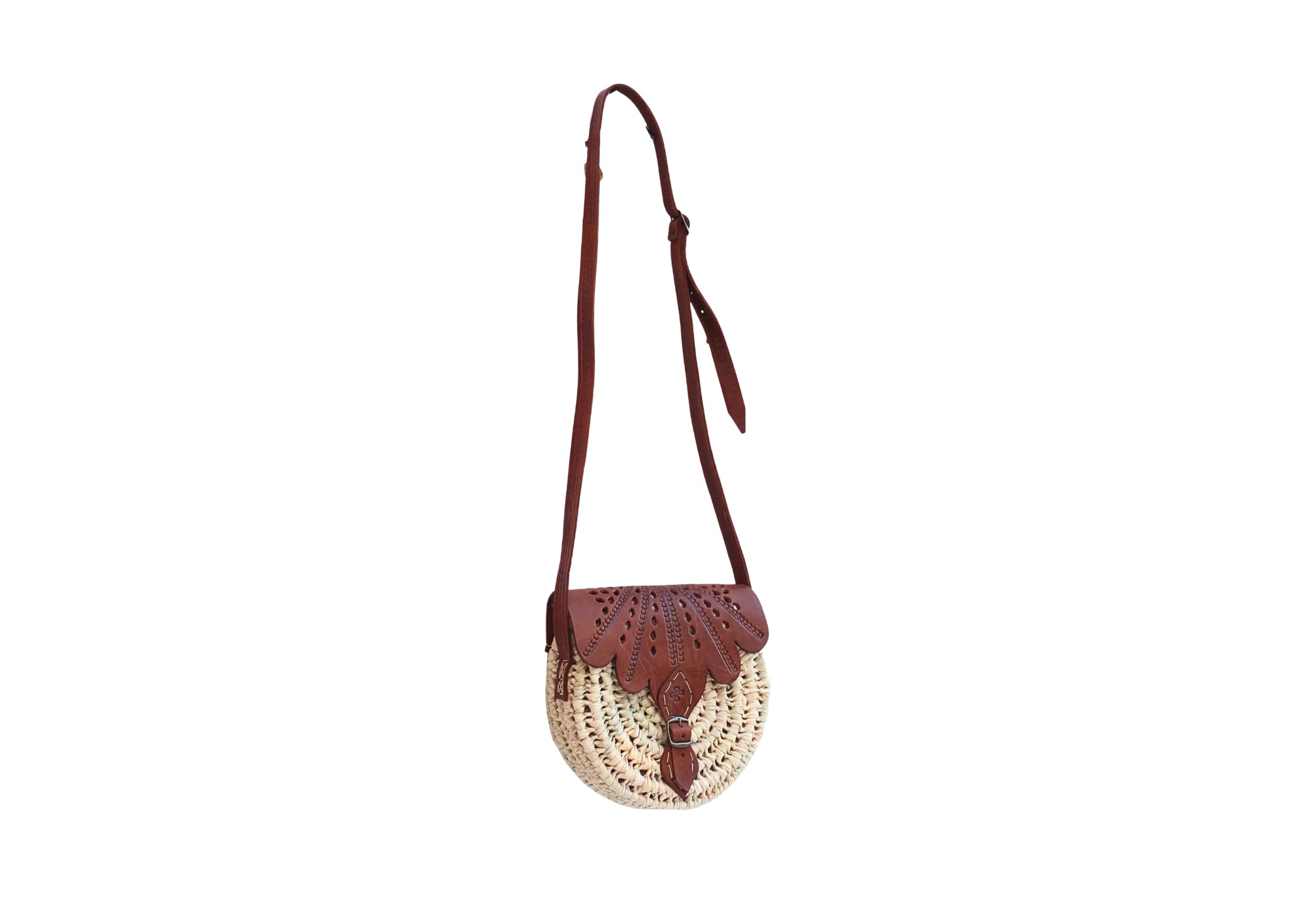 Bolso de Mano Bohemio de Hoja de Palma, Solapa de Cuero, 22x22cm, Beige y Marrón, Asa Larga, Estilo Ratán