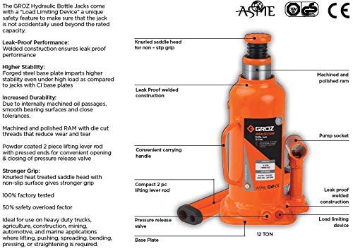 Image of Groz 4 Ton Hydraulic Bottle Jack with advanced load limiting device technology | Premuim, compact, portable, leakproof, durable | For cars, taxi, pick up trucks, rams, MUV, SUV, LCV, Mini-trucks