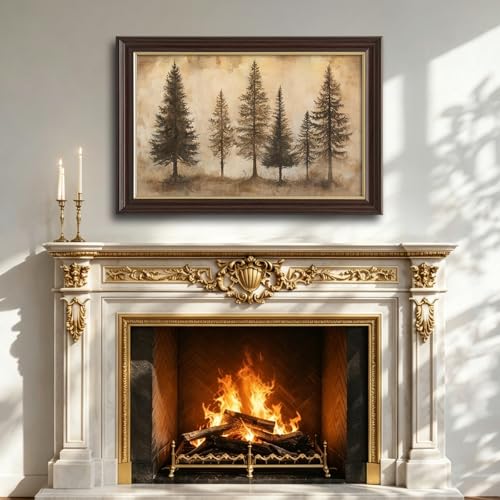 Image of Antique Brown Framed Pine Tree Wall Art, Vintage Neutral Tone Forest Prints, Rustic Woodland Wall Decor Paintings for Living Room Bedroom Farmhouse