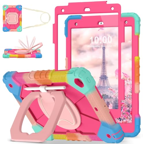 Image of WESOROL Case for iPad 9th /8th /7th Generation 10.2 Inch iPad 9th Generation Case with Screen Protector Rotating Stand Pencil Holder Heavy Duty Shockproof Cover for 9th Gen iPad Case,Colorful Pink