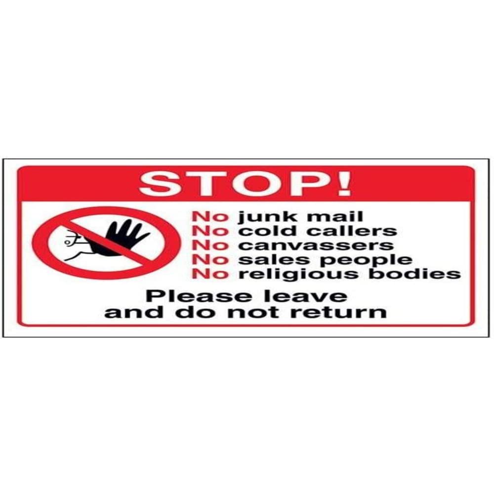 V Safety Stop! No Junk Mail or Cold Callers Sign - 150mm x 100mm - Self Adhesive Vinyl