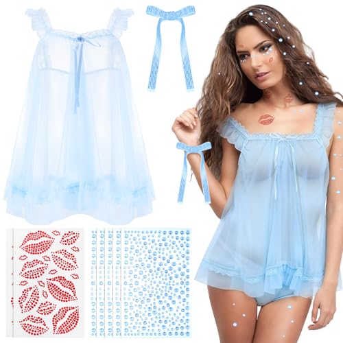 Yearntown Valentines Lace Mesh Sheer Babydoll Lingerie Dress Set - Singer Costumes with Self-adhesive Red Lip Gems Sticker(Blue Large)
