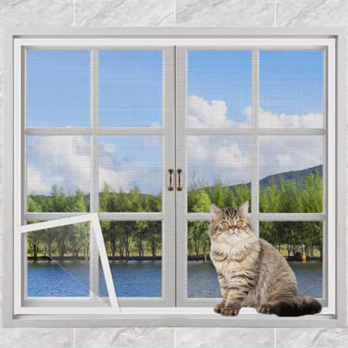 Yuly Custom Size Cat Proof Window Screen,Fly Screen Anti-Mosquito Insect Net,Self-Adhesive Cat Protection Net with Zipper,Window Guard Net for Balcony (White screen white sticker)