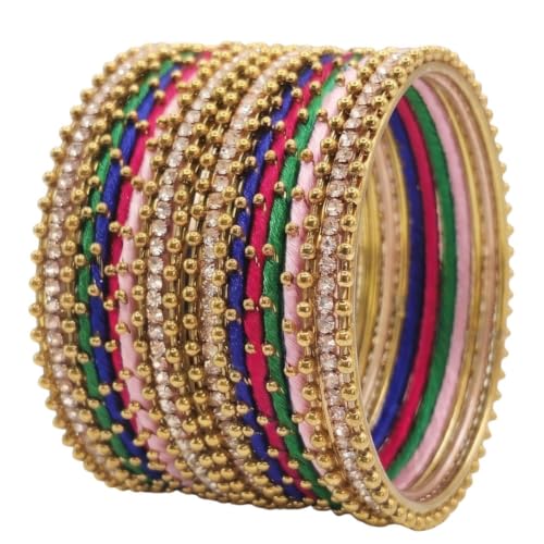 Image of NMII Non-Precious Metal with Base Metal and Zircon Gemstone Studded Ball Chain Linked Glossy Finished Silk thread Bangle set for Women and Girls