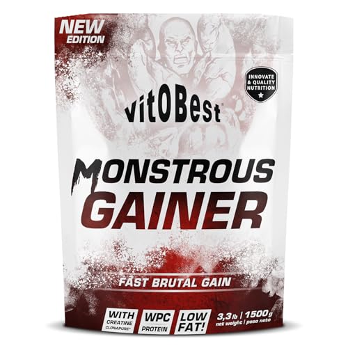 VITOBEST | Carbohidratos Monstrous Gainer | Contribuye a aumentar la masa muscular y el peso corporal | Carbohidratos + proteína WPC + Creatina Clonapure® Sin gluten | Sabor Fresa - 1,5 kg