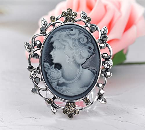 Image of Gyn&Joy Womens Antique Old Silvery Tone Victorian Floral Cameo Vintage Brooch Pin