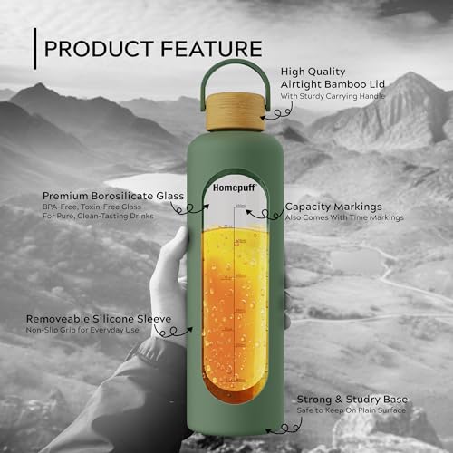Image of Home Puff Borosilicate Glass Water Bottle With Silicone Cover Sleeve (1000Ml) | Airtight, Leak-Proof Bamboo Lid, BPA-Free, Eco-Friendly, Reusable Bottle For Fridge, Gym, Travel, Office, Home (Green)