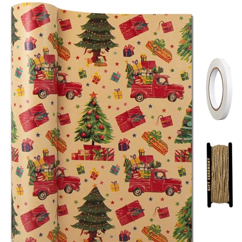 HaloCasa Carta da Regalo di Natale – 1 Rotolo (43 cm x 15 m) di Carta Kraft con Motivi Retrò con Spago di Juta e Nastro Biadesivo – per Confezioni Regalo e Calendario dell’Avvento