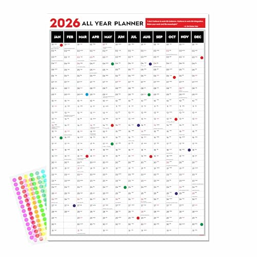 Image of ESCAPER Big Planner 2026 Wall Calendar (18 x 25 inches) with Dot Stickers, Single Sheet Yearly Layout, 120 GSM, Daily Organizer for Home, Office & Study