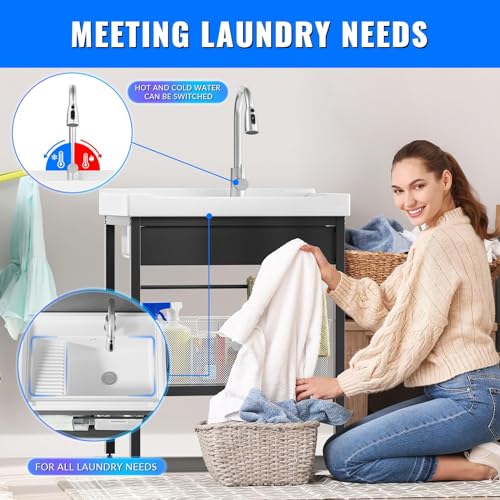 Image of Laundry Room Sink,28 inch x 19 inch x 34.3 inch Ceramic Utility Sink with Washboard Set,Freestanding Sink with Cold and Hot Water Faucet, Hoses and Drain Kit for Laundry Room, Basement, Outdoor and Indoor