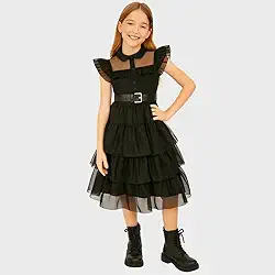 Fantasia Wandinha Vestido Com Babados Halloween Dia das Crianças Festa Familia Adams Terror Assustador Filme Cosplay