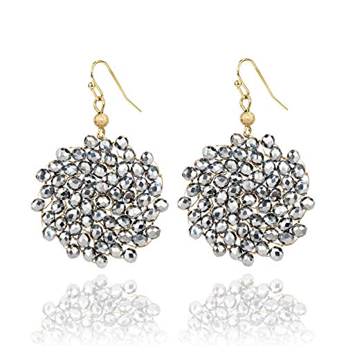 Pomina Handwired Crystal Beaded Cluster Floral Circle Dangle Drop Earrings For Women (Hematite) #TOP29