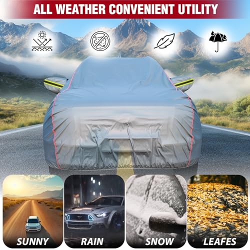 Image of Car Body Cover for Maruti Celerio, 100% Waterproof, Heat-Resistant with Mirror & Antenna Pockets, Soft Cotton Lining, Triple Stitched, Green Reflector (Metallic Grey)