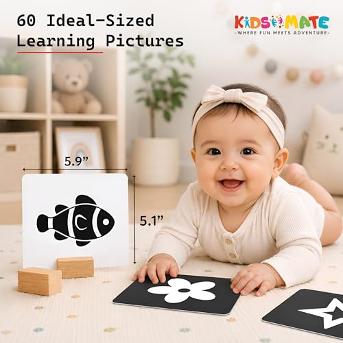 Image of Kidsmate Large Flash Cards for Babies 0-12 Months | High Contrast Black & White 60 Double-Sided Cards for Newborn Learning, Visual Stimulation, Brain Development & Tummy Time (Holder Included)
