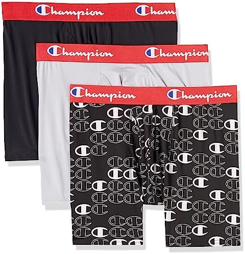 Champion Men's Lightweight Stretch Boxer Brief 3 Pack, New Ebony/New Ebony with C Logo Print Silverstone, Large
