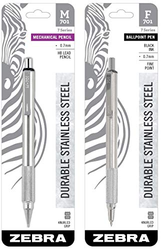 Zebra Pen Model F/M 701 Mechanical Pencil and Ballpoint Pen Set, Stainless Steel, Fine Point, 0.7mm Lead, Designer Metal Clip, Refillable, Pack of 2 -  761