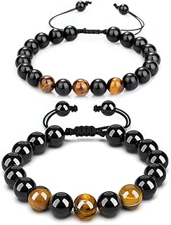 سوار للرجال من ان/ايه جوفجيو، اساور خرز كريستال عين النمر، سوار حماية قابل للتعديل يناسب مقاس 5.8-8 انش (8 ملم + 10 ملم اصفر خرز)
