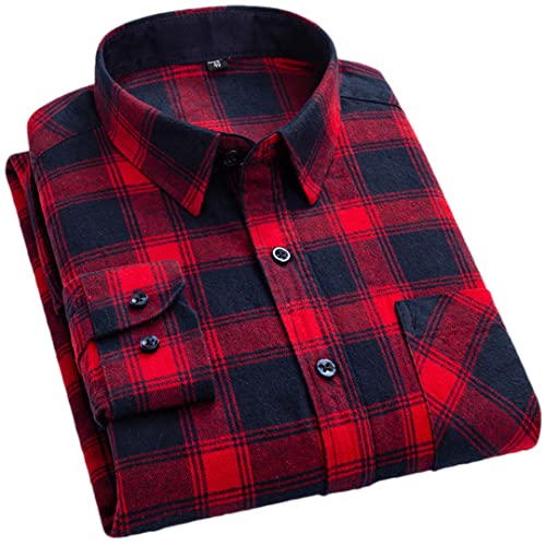 Chemise à carreaux homme Pohullan en coton brossé slim fit taille L rouge 802 pour l'automne