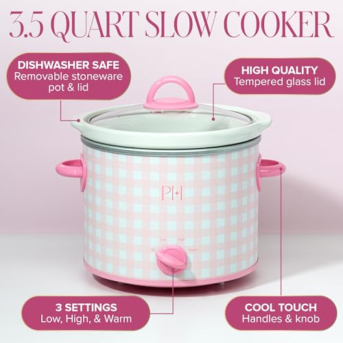 Image of Paris Hilton 3.5-Quart Manual Slow Cooker, Features Three Settings (Low, High, Warm), Naturally Nonstick and Dishwasher Safe Stoneware Insert, Family Sized Capacity, Gingham Pink