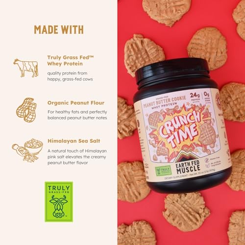 Image of Earth Fed Muscle Crunch Time Grass Fed Whey Protein Isolate - Peanut Butter Cookie, 24g Protein - Clean Ingredients, Easy Digestion, Stevia Sweetened - 2 LB, 28 Servings