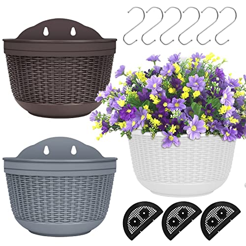 GZcaiyun 3 macetas colgantes para colgar en la pared, semicirculares, macetas colgantes de plástico, con 6 ganchos para valla, balcón, terraza (3 colores) Cover