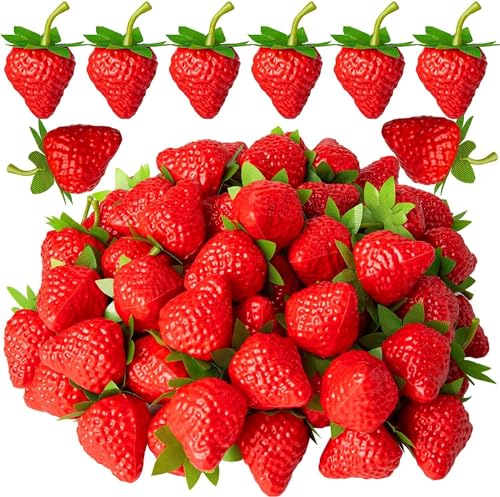 SYOZPXY Plastic Strawberry, Artificial Red Strawberry, 40Pcs Fake Living Fruit Plastic Strawberries Home Kitchen Party Decoration Photography Props