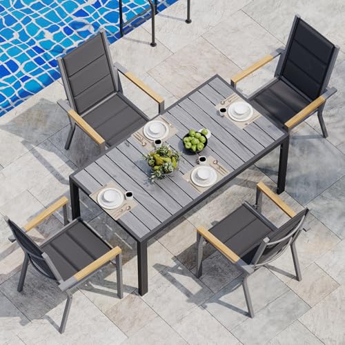 JUMMICO Salon de Jardin Extérieur avec 4 Fauteuils Empilables Aspect Bois et 1 Table en Aluminium...