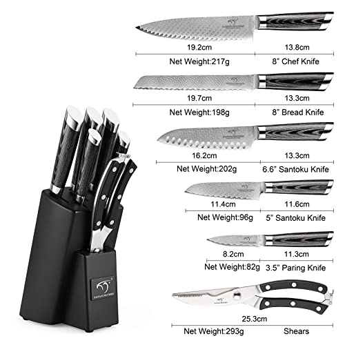 NANFANG BROTHERS Damast-Küchenmesser-Set 7-teilig, VG10 Japanisches Profi-Küchenmesser-Set Damast mit Buchen-Messerblock, Scheren… – Ansicht 2