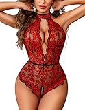 Avidlove Lingerie for Women Halter Lace Bodysuit V Neck Teddy One Piece Babydoll Nightgown Black Red M